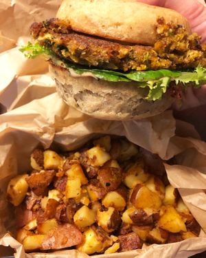 Burger with potato side at Scratch Farm Kitchen in Lafayette