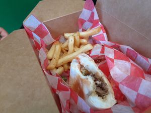 Philly Cheesesteak and fries at The Healthy Hippy in Newark