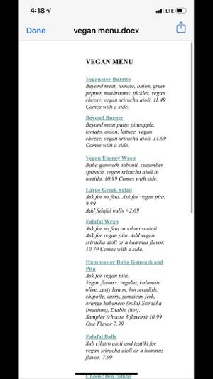 Vegan menu at Olympia Cafe in Osseo