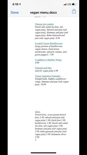 Vegan menu page 2 at Olympia Cafe in Osseo