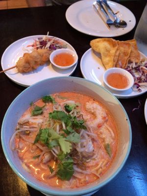 Laksa, konnyaku ball skewers and cheese wontons (an older menu item) at U-TONG in Clayfield