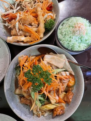 Som tum (papaya salad), coconut rice, crispy “pork” with stir fried veg  at U-TONG in Clayfield