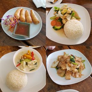 Crispy prawn entree, 3 of the $10 lunch meals. Veg+plant based meat+mushroom sauce, veg+plant based meat+thai green curry, veg+tofu+flat noodles. at U-TONG in Clayfield