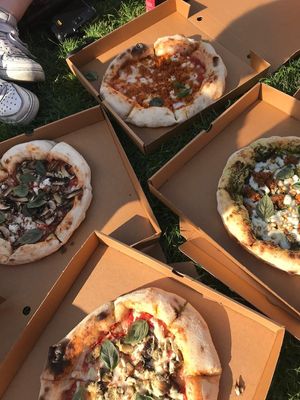 One with pesto base one with eggplant at Plant A Pizza in Ghent