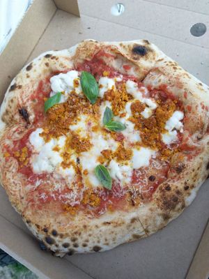 NoDuja: tomato sauce, homemade cashew mozzarella, homemade vegan 'Nduja, Gondino vegan parmesan & fresh basil. at Plant A Pizza in Ghent