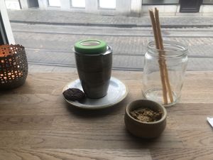 Grissini, as a small gift from the kitchen, and organic white tea.  at Plant A Pizza in Ghent