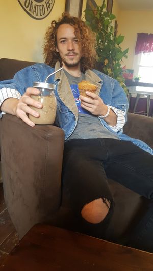 Vegan banana nut muffin and ices soy latte. at Orange Cat Coffee Co. in Lewiston