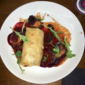 Crispy duque parcels with sweet potato, beetroot purée & berries 😋 at The Purple Robot in Hull