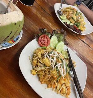 Vegan pad Thai on request and vegetarian rice with tofu and pineapple   at Mae Haad Cove Bungalows in Koh Phangan