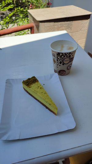 Raw cake and cappuccino at Raw Bakery in Bucharest