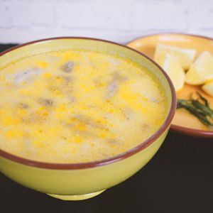  Oyster Mushroom Soup with cashew and lemon dressing. at Raw Bakery in Bucharest