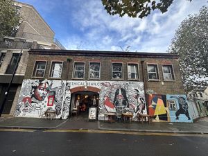 Great Street Art frontage   at Ethical Bean Company in East London