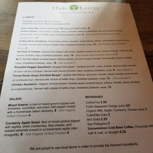 Luncheon menu at Oaks Eatery in Three Oaks