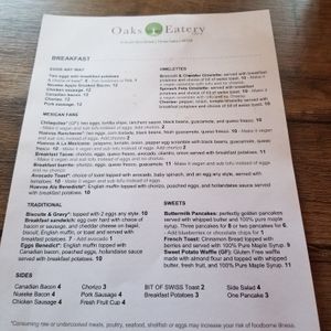 Breakfast menu at Oaks Eatery in Three Oaks