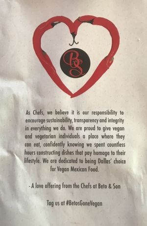 Nice message on the vegan menu   at Beto & Son in Dallas