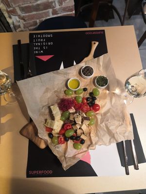 Vegan starter with pesto, truffle, tomatoes, grapes, tofu, olives, oil and bruschetta. at Superfood Healthy Food Factory in Split