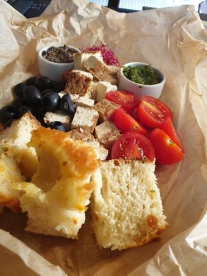 Vegan tapas with foccacia, tofu, tapenade,tomatoes etc at Superfood Healthy Food Factory in Split