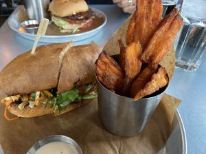 Chick’n sub (vegan) with sweet potato fries (optional extra)  at Beertown Public House in Oakville