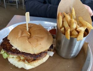 Standard Burger (vegan) with fries.   at Beertown Public House in Oakville