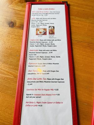 Drink menu at Polly's Pancake Parlor in Sugar Hill