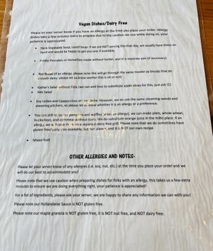 Vegan menu at Polly's Pancake Parlor in Sugar Hill