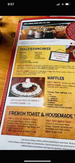 Regular menu  at Polly's Pancake Parlor in Sugar Hill