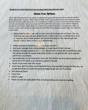 Gluten free menu  at Polly's Pancake Parlor in Sugar Hill