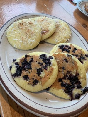 Blueberry and coconut pancakes  at Polly's Pancake Parlor in Sugar Hill