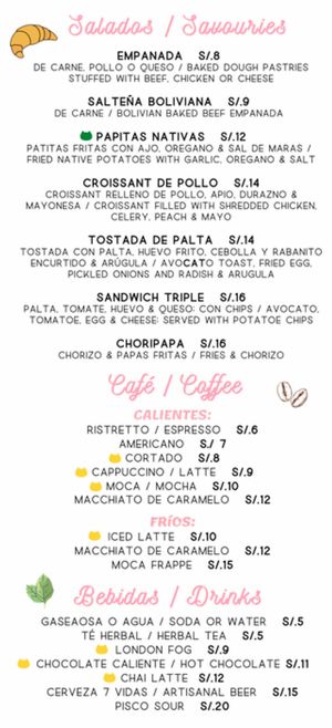 Menu as of October 2022, green cat means vegan, yellow means milk can be substituted for soy for 0.5 soles more, 1 of 3 at Catfetín in Cusco