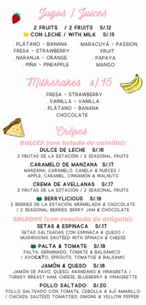 Menu as of October 2022, green cat means vegan, yellow means milk can be substituted for soy for 0.5 soles more, 2 of 3 at Catfetín in Cusco