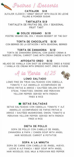 Menu as of October 2022, green cat means vegan, yellow means milk can be substituted for soy for 0.5 soles more, 3 of 3 at Catfetín in Cusco