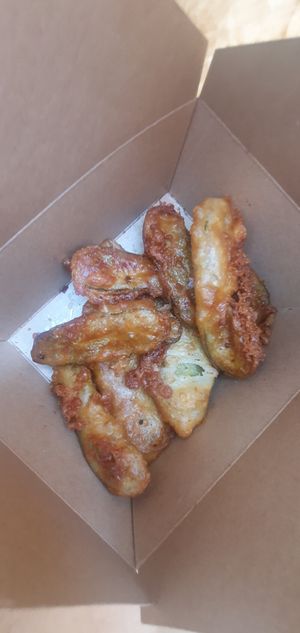 Battered gherkins at The Hip Hop Chip Shop in Manchester