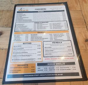 Food menu at The Hip Hop Chip Shop in Manchester