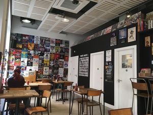 Inside to the left at The Hip Hop Chip Shop in Manchester