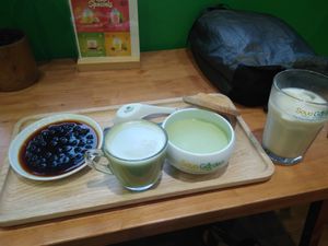 left to right: tapioca pearls, matcha latte, pandan beancurd, cold organic soymilk at Soya Garden in Hanoi