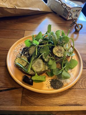 Mushroom toast with hummus and pickles!  at Morning Magpie - Maggie's in Dunedin