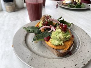 Avocado toast. Substitute cheese for hummus    at Home of Franziska in Budapest