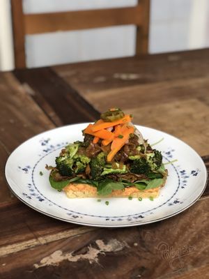 Mushroom & Broccoli Toast with roast pepper hummus and pickled carrot at Pilgrim in Kampot