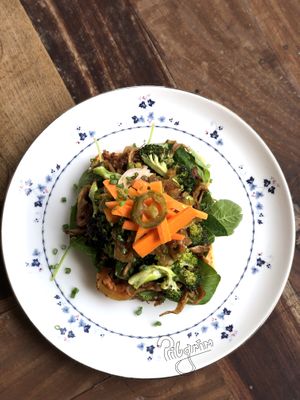 Mushroom & Broccoli Toast with roast pepper hummus and pickled carrot at Pilgrim in Kampot