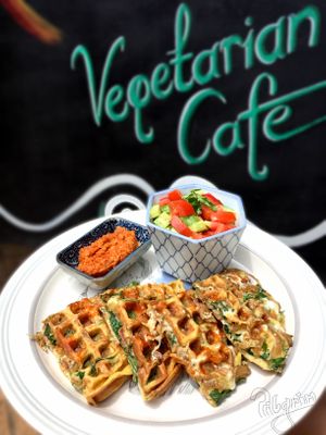 Omelette Waffle with oyster mushroom & spinach, served with a roast eggplant dip  at Pilgrim in Kampot