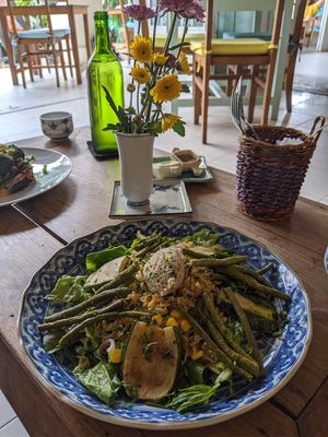Vegan courgette, green bean and orzo salad with cashew cream cheese at Pilgrim in Kampot