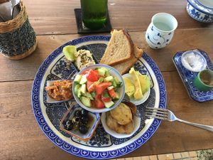 Vegan breakfast $6.5. I would ditch the horrible black olives  at Pilgrim in Kampot