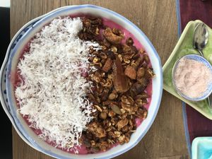 Dragon fruit and mango smoothie bowl at Pilgrim in Kampot