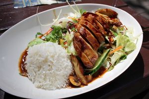 rice with salad and faux-duck at Eden in Berlin