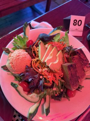 Esselon salad (subbed balsamic vinegar for hummus bc it has honey in it) w/ Vermont Tofu (Tofu is super yum)  at Esselon Coffee Roasting Co in Hadley