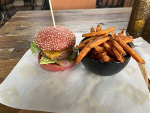 Vegan Burger, sweet potato fries   at B.E.A.C.H. in Noordwijk