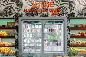 Our Firdge always filled with home made raw fresh cold pressed juices, fruit salads, and salad bowls at Base V Juicery - Via dei Neri in Florence