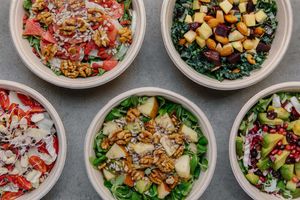 some of our famous delicious and nutritious salads, with fresh greens, fruits, nuts and seeds! at Base V Juicery - Via dei Neri in Florence