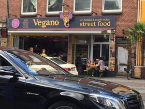 Street view of Vegano, have a drink across the road at the Italian restaurant terrace at Vegano in Bremen