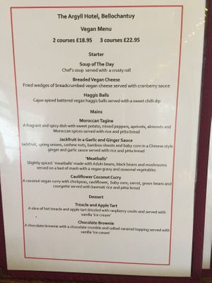 Vegan menu at Argyll Hotel in Campbeltown